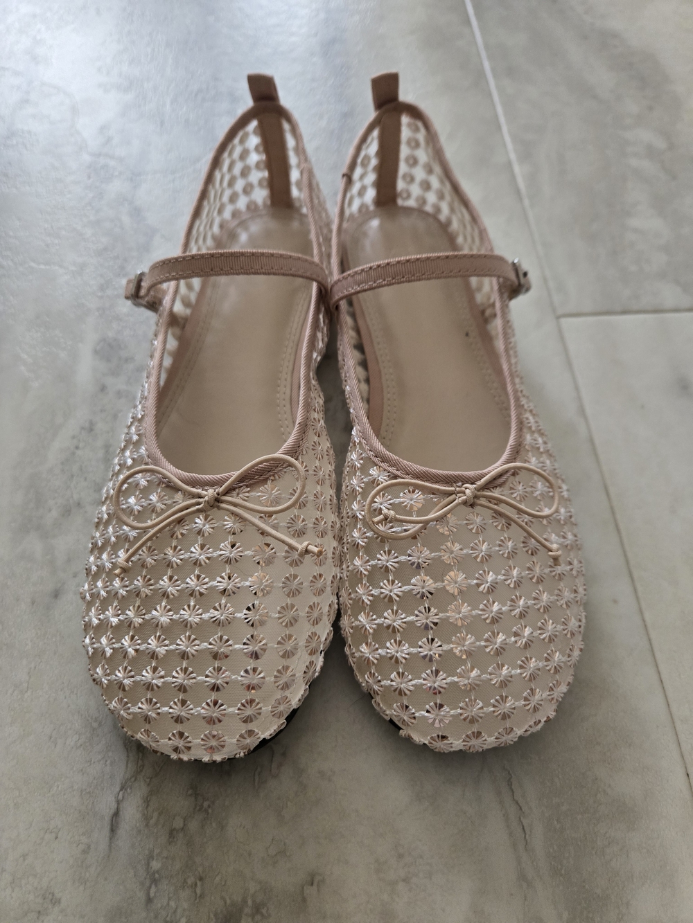 Zara Blush Pink Mesh Mary Jane Flats with Bow Detail